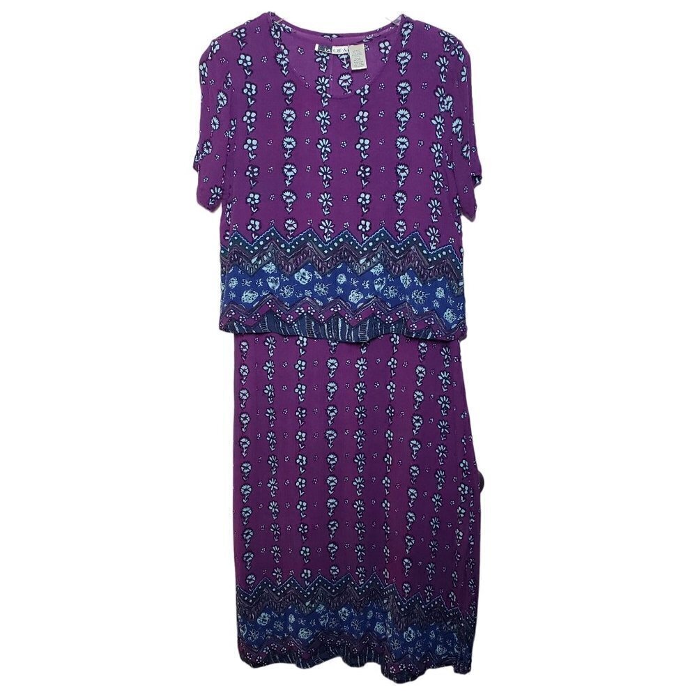 La Cera Floral Midi Dress Purple Rayon Shift Boho Short Sleeve Womens Medium